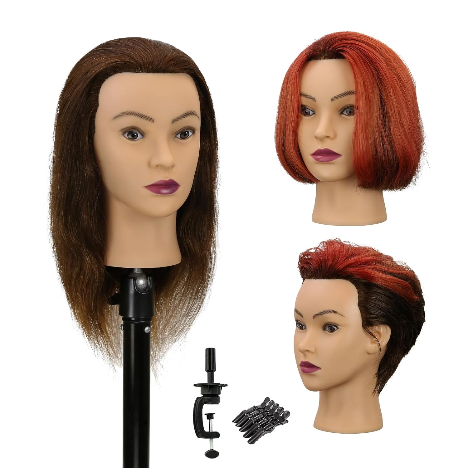 Mannequin Head Human Hair 14 Inch 100% Real Human Hair Hairdresser Practice Training Head Cosmetology Mannequin Head Can be Bleached And Dyed With Small Stand And Alligator Clip（14 Inch Dark Brown）