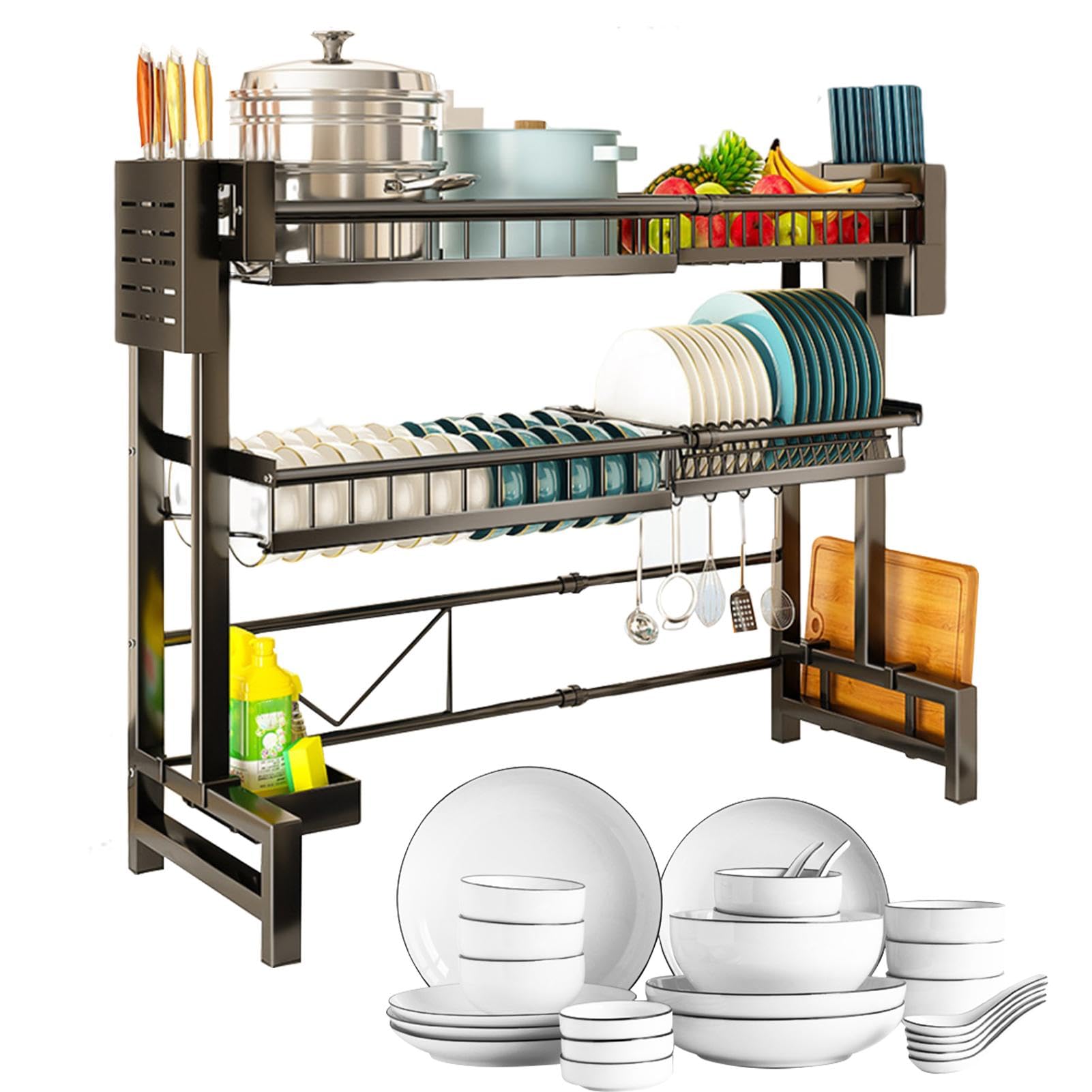 Flkiglm Escurreplatos sobre el fregadero, secador de platos de cocina, organizador de fregadero extensible de 2 niveles, escurreplatos, estante de cocina, fregadero de cocina, estante para secar