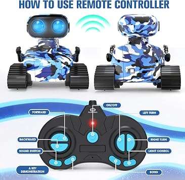 FunMission Robot Toys for Kids Boys Girls Emo Robots Remote Control Smart Robot with Auto-Demonstration LED Eyes Flexible Head & Arms for 3+ Years Old Kids