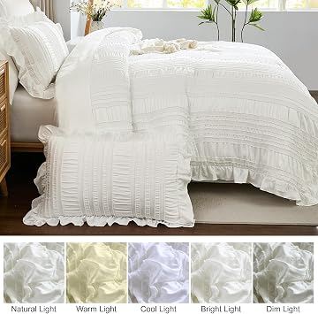 WONGS BEDDING White Comforter Set King,7 Pieces Ruffle Comforter Set with Sheets,Textured Bed in a Bag for King Bed 10490