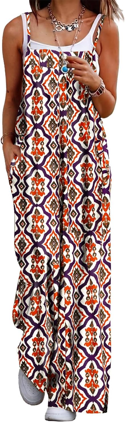 YESNO Women's Summer Boho Casual Jumpsuits Wide Leg Overalls Floral Print Baggy Rompers with Pockets PZZCR