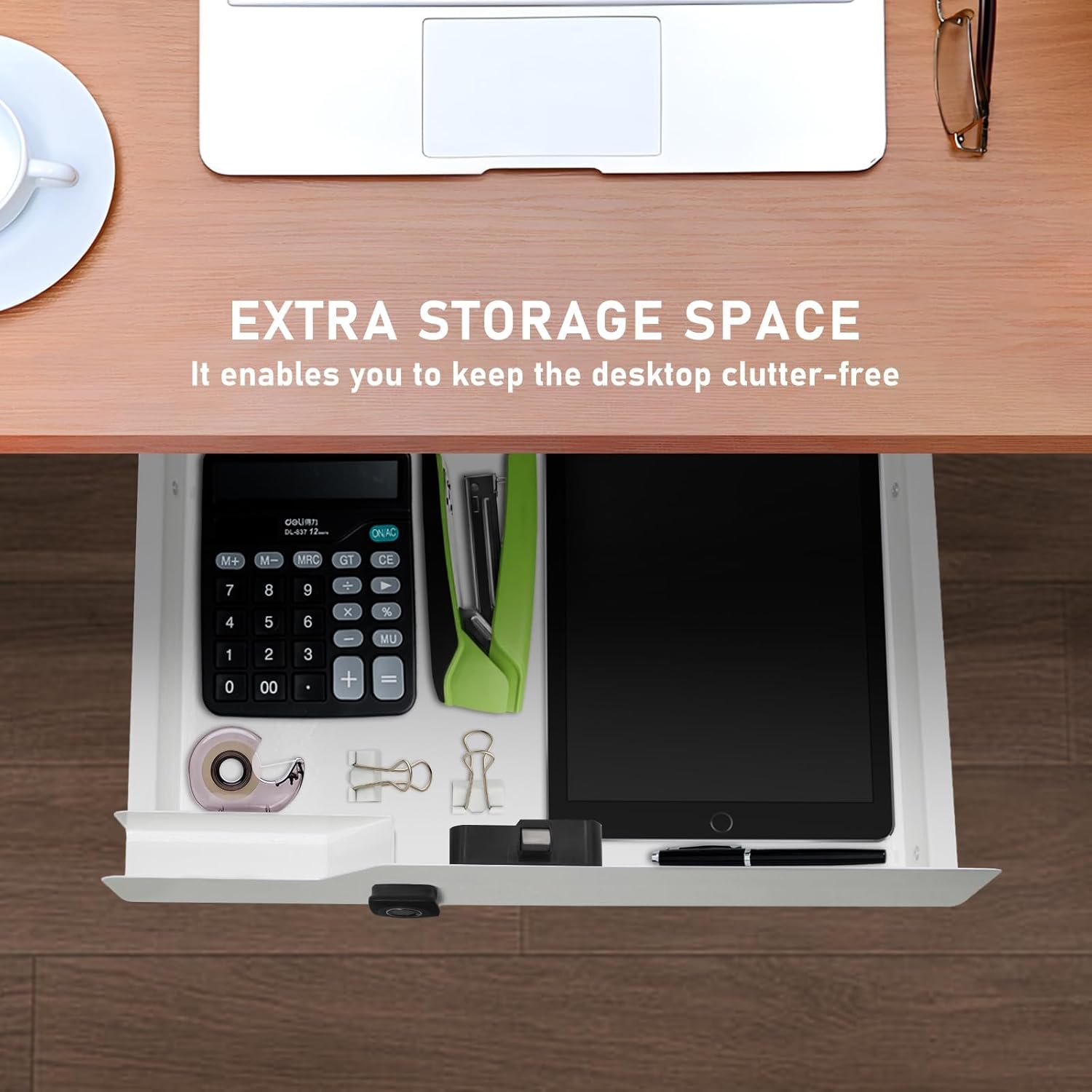 Under Desk Drawer with Biometric Fingerprint Lock, 16"W x 11.8"D x 6.3"H, Lockable Under Desk Slide Out Drawer