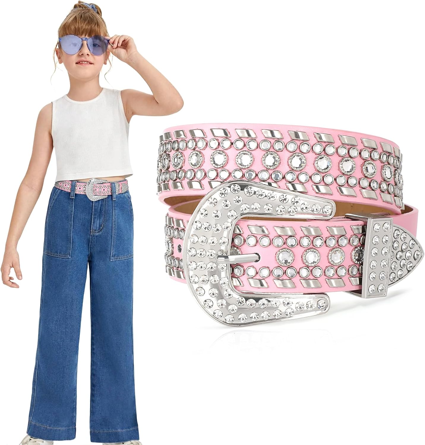 WHIPPY Kids Rhinestone Western Belt, Cowboy Cowgirl Diamond Studded Bling Leather for Girls Boys