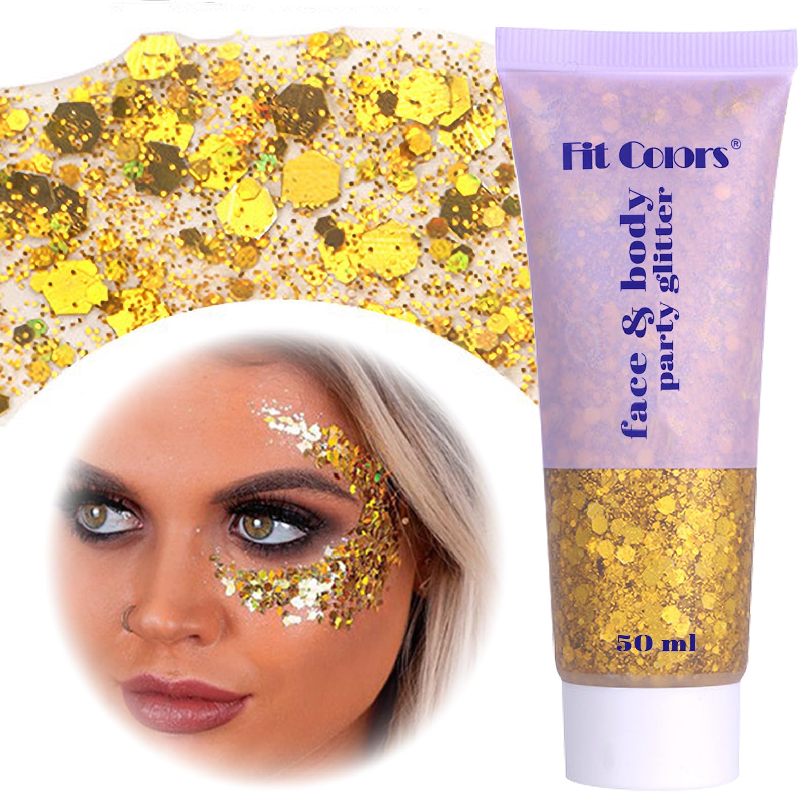 50ML Gel con Purpurina para el Cuerpo, Body Glitter Gel, Sombra de Ojos Liquida Brillante, Gel en polvo para Festivales, Lentejuelas de Sirena, Uñas, Cosméticos, Mascaradas (Amarillo)