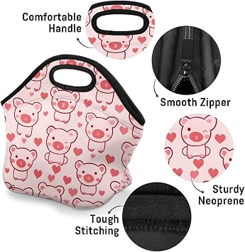 Piggy Pink Reusable Neoprene Lunch Tote Bag for Women & Men - Lightweight Washable Lunch Bags for Work, Travel, Beach, Picnic