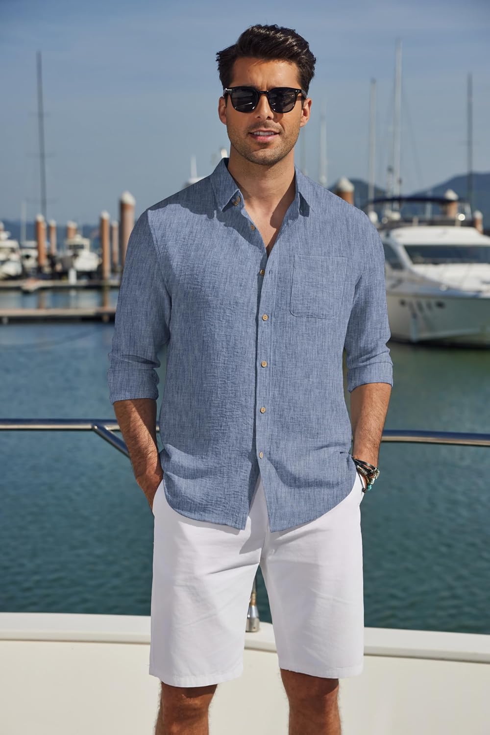 COOFANDY Men's Long Sleeve Button Down Shirt Casual Untucked Shirts Summer Beach Wedding Linen Textured Shirts