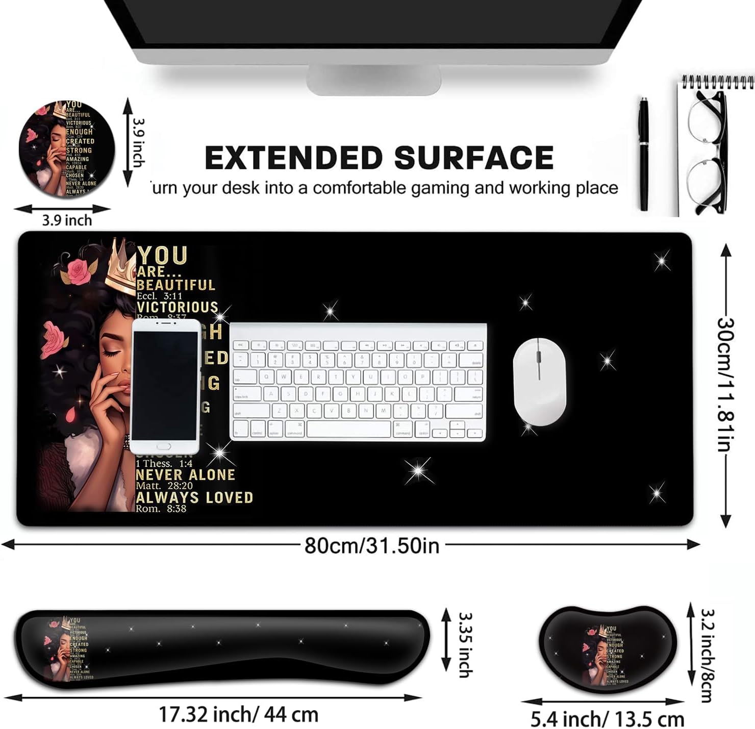 Large Gaming Mouse Pad+ Keyboard Wrist Rest Set, Ergonomics Memory Foam Mouse Mat Wrist Rest Support, Waterproof Extended Mousepad 31.5x11.8in, African American Women Black Girl Desk Pad