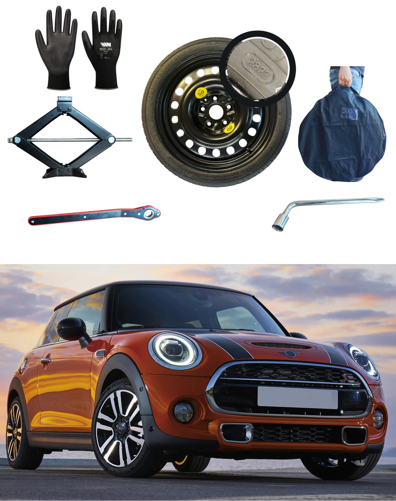 Kit de Rueda de Repuesto 15" compatible con Mini Cooper 2006-2011 con Gata, Llave, Guantes y Funda 115/70R15