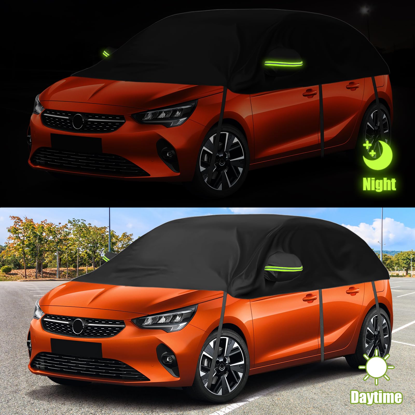 Housse de Voiture Remplacement pour Opel Corsa D Renault Clio, Universelle Demi-Housse de Voiture Résistante au Soleil, Demi-Bâche de Garage Résistante Aux UV pour Extérieur et Intérieur | Demi-garage imperméable et résistant aux UV, à la poussière et à l