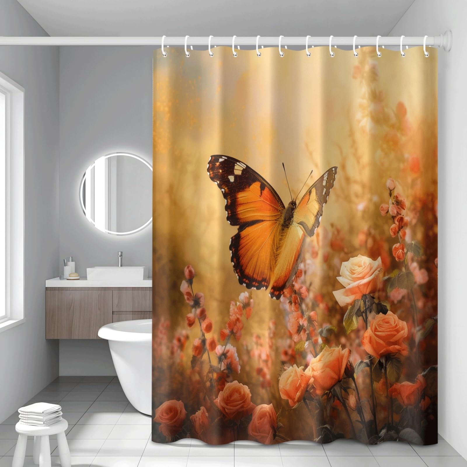 Shower Curtain Orange Roses Mould Resistant Shower Curtains for Bathroom Washable Polyester Bathroom Curtains Decor Wet Room Quick Dry Anti Mould Bath Curtain with 12 Hooks 200x240cm