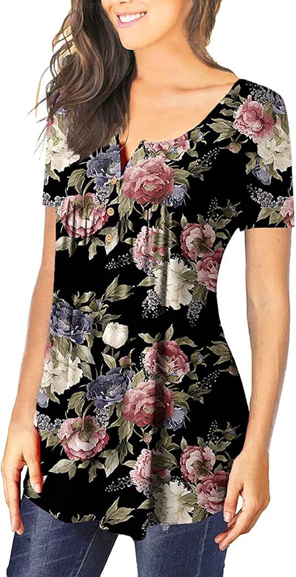 Womens Tops Hide Belly Tunic Summer Short Sleeve T Shirts Flowy Henley Tshirt Casual Dressy Blouses for Leggings by YUGYUJ - Used condition - Image 2