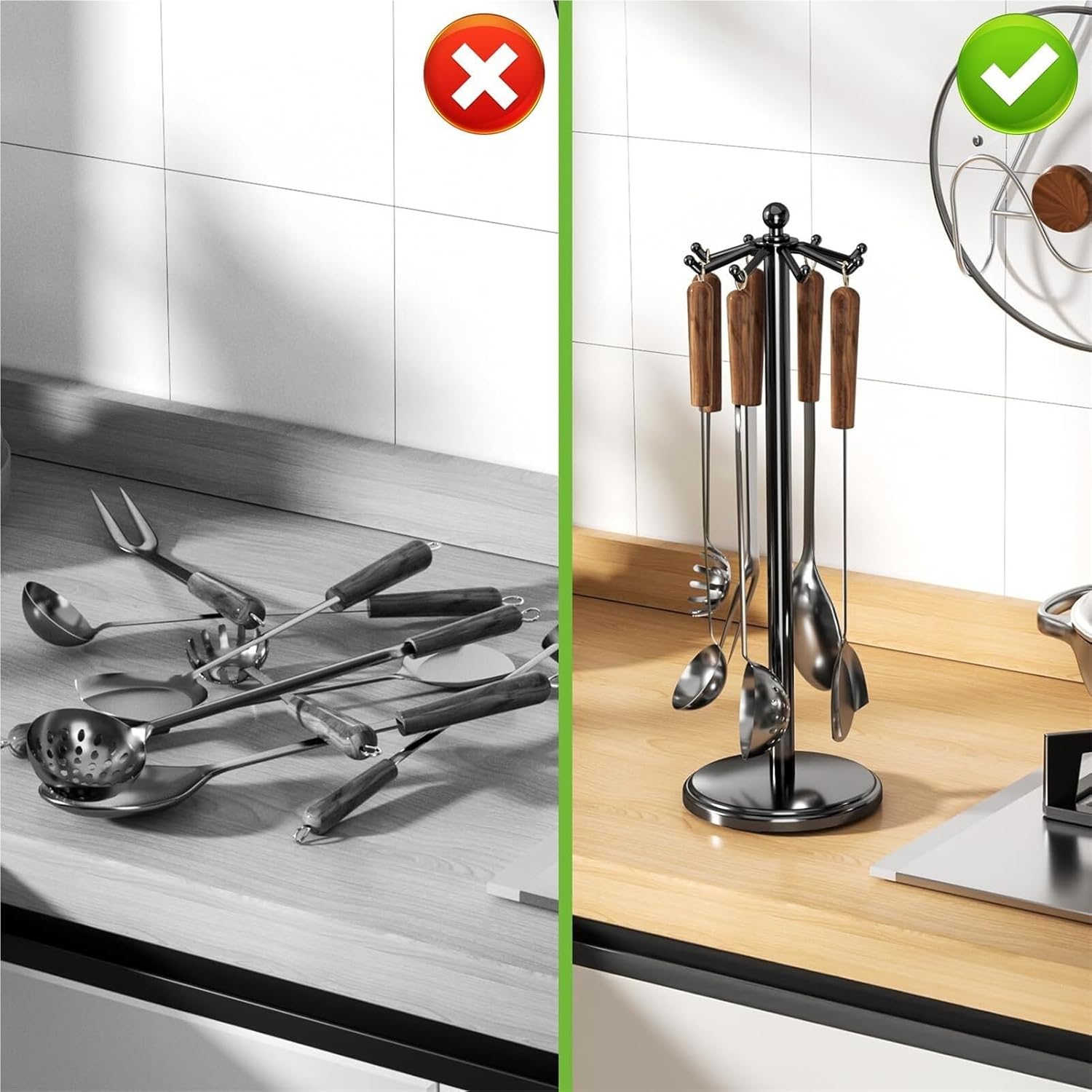 Multifunctional kitchen countertop utensil storage rack, Stainless steel rotating cooking tool storage rack, with 8 rotating hooks, suitable for storing spoons, spatulas, etc.(Silver)