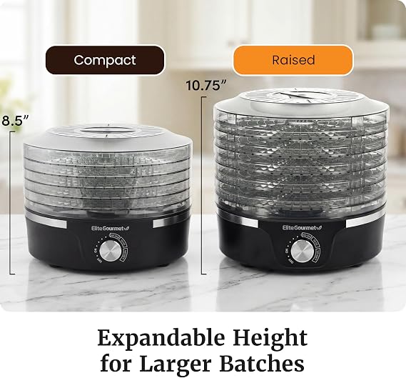 Elite Gourmet EFD319 Food Dehydrator, 5 BPA-Free 11.4 Trays Adjustable Temperature Controls, Jerky, Herbs, Fruit, Veggies, Dried Snacks, Black