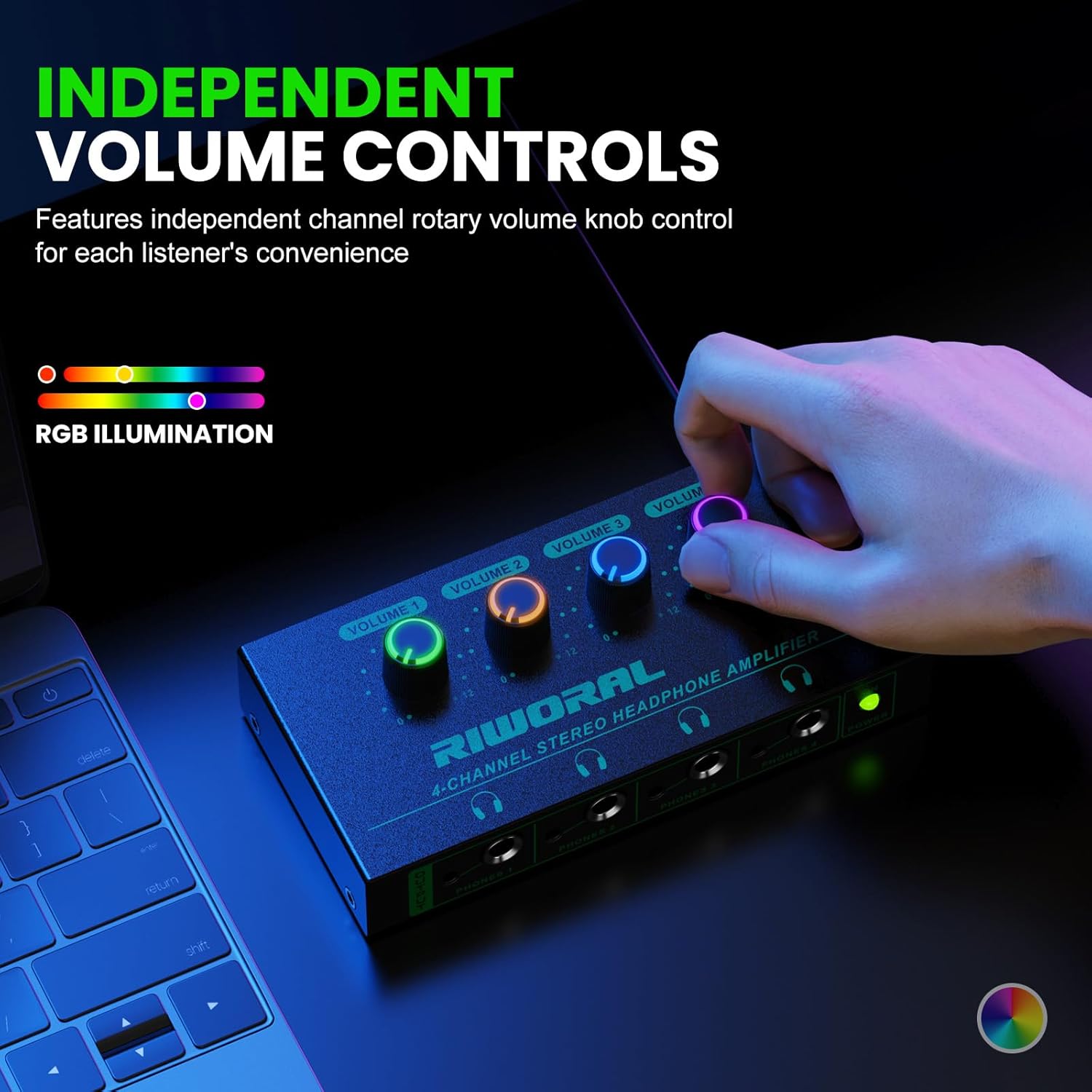 Image showing the independent volume controls with RGB illumination on the Riworal 4-Channel Headphone Amplifier.