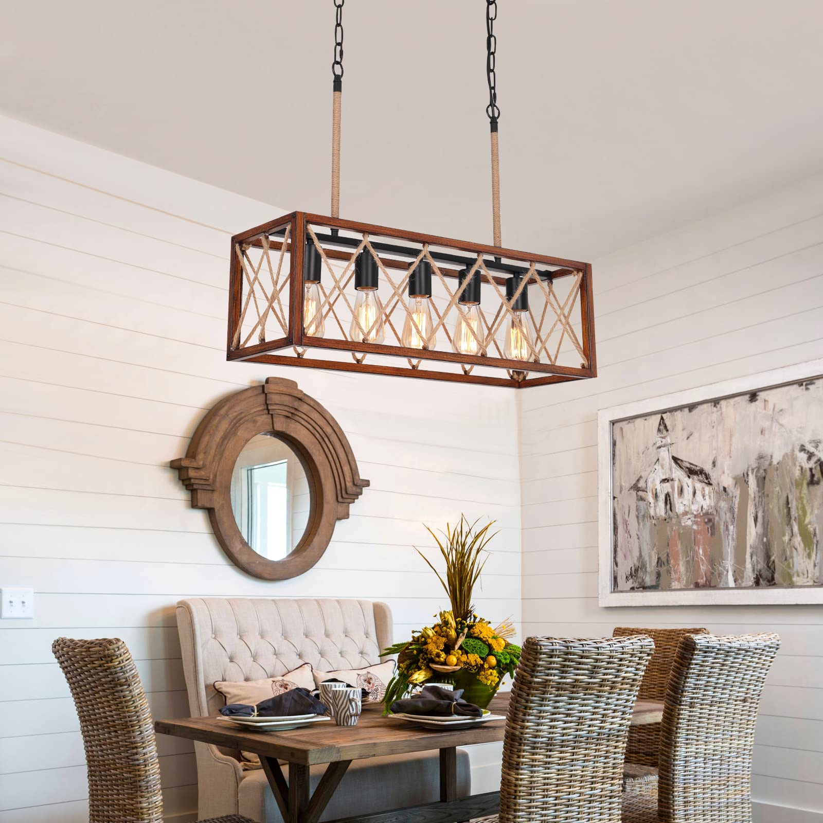 KEESFU Farmhouse Dining Room Light Fixture with Hemp Rope, Rustic ...