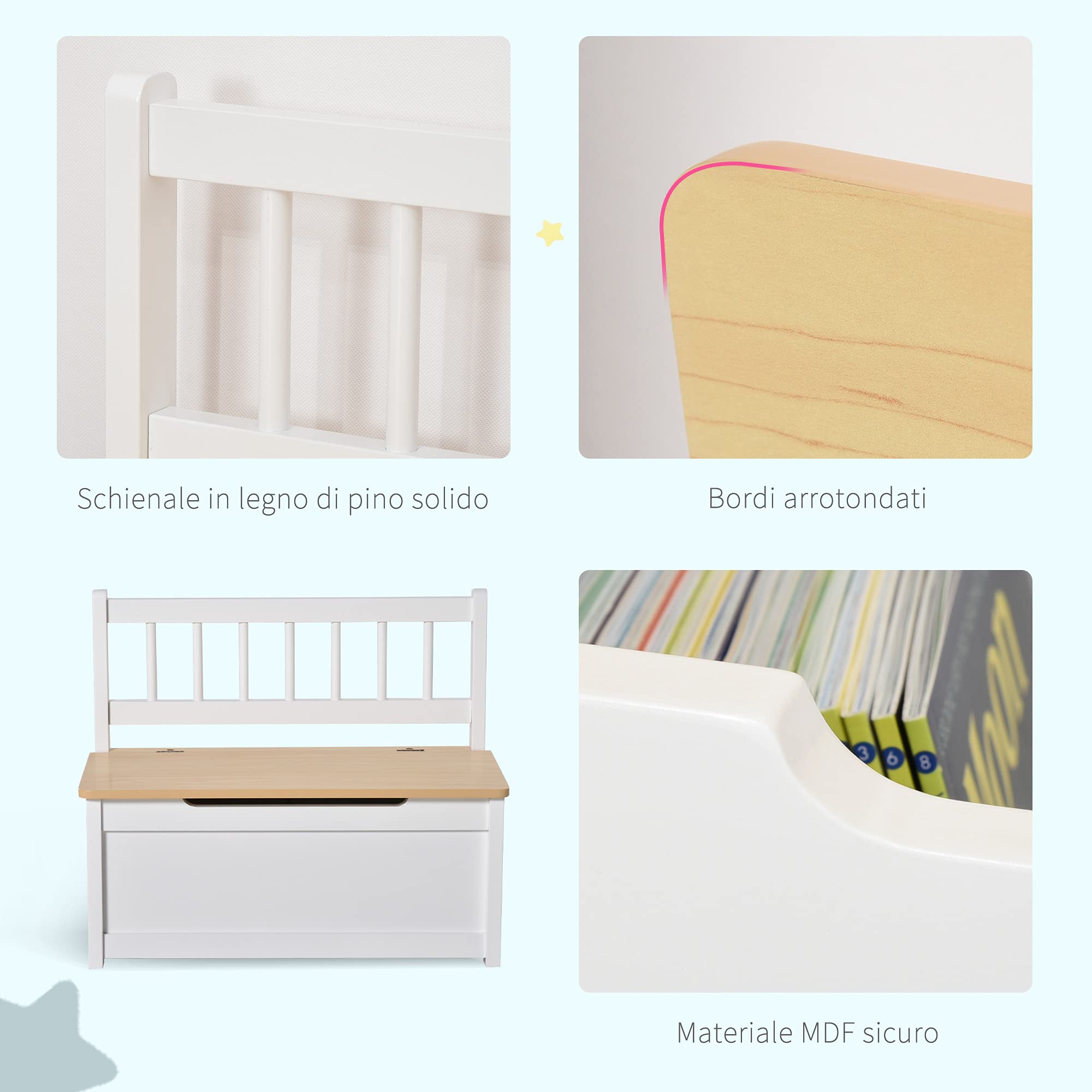 HOMCOM Cassapanca per Bambini 2 in 1 in Legno con Pistone per Chiusura Sicura, 60x30x50cm Bianco e Legno Naturale