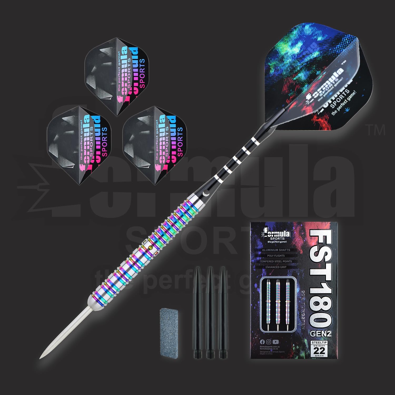 Formula Sports 90% Tungsten Steel Tip Darts Set - Professional Darts Metal Tip Set Available in 21g/22g/23g/24g, with Aluminum Shafts, Tungsten Barrels, Extra Flights, Sharpener