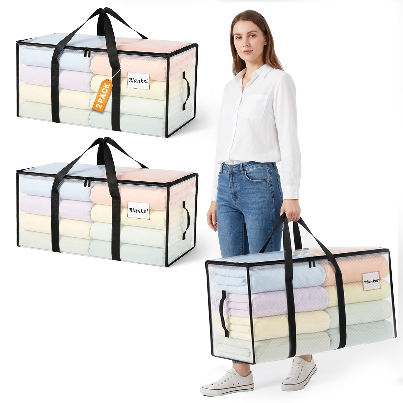 RICHER HOUSE 90L Heavy Duty Moving Boxes & Clothes Storage Bags, 2 Pack Large Moving Bags with Lid & Backpack Straps, Waterproof Packing Bags for College Dorm, Camping, Holiday Decor Storage, Clear