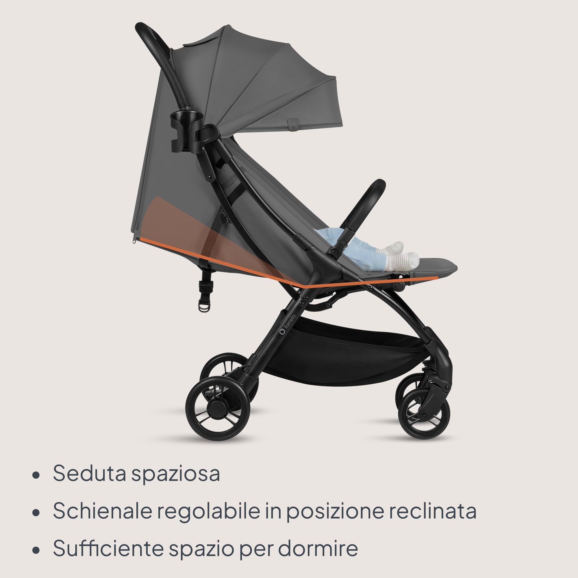 Lionelo AGIA Passeggino Leggero e Compatto fino a 22 kg / 4 anni Pieghevole con una Mano, Posizione Distesa, Seduta Ampia, Pannello di ventilazione, Ammortizzazione, Grande Cestello Regolazione Facile