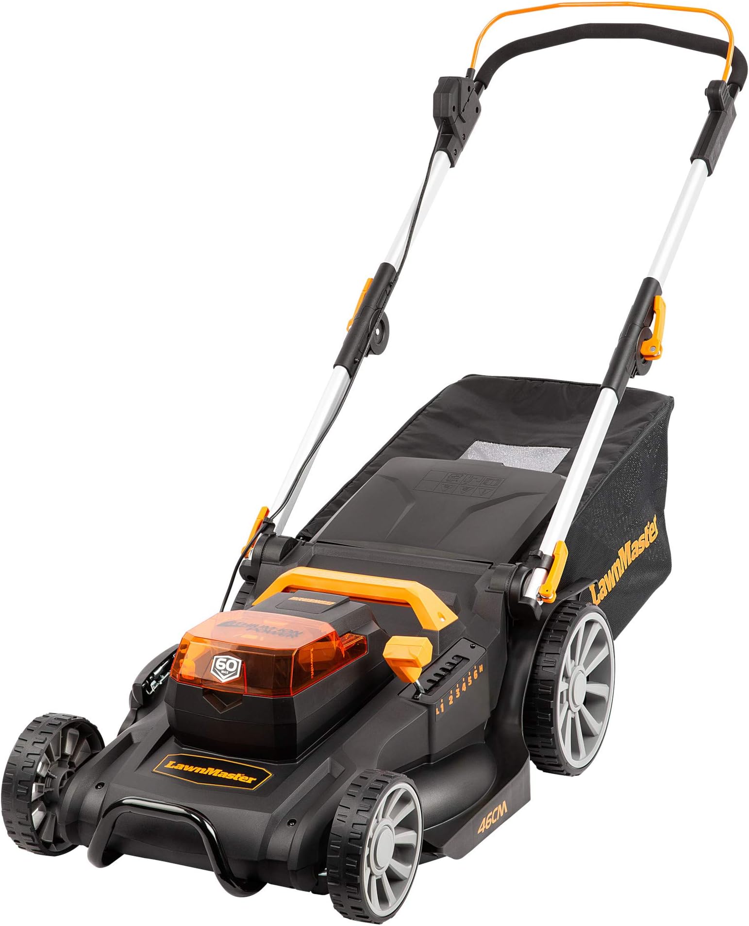 Lawnmaster Cordless Lawnmower 46cm Cut Width with 60V Max 5.0Ah Battery & Fast Charger | Powerful Petrol Alternative with Rear Roller, Grass Box & Mulching Black & Orange, CLMFR6046A
