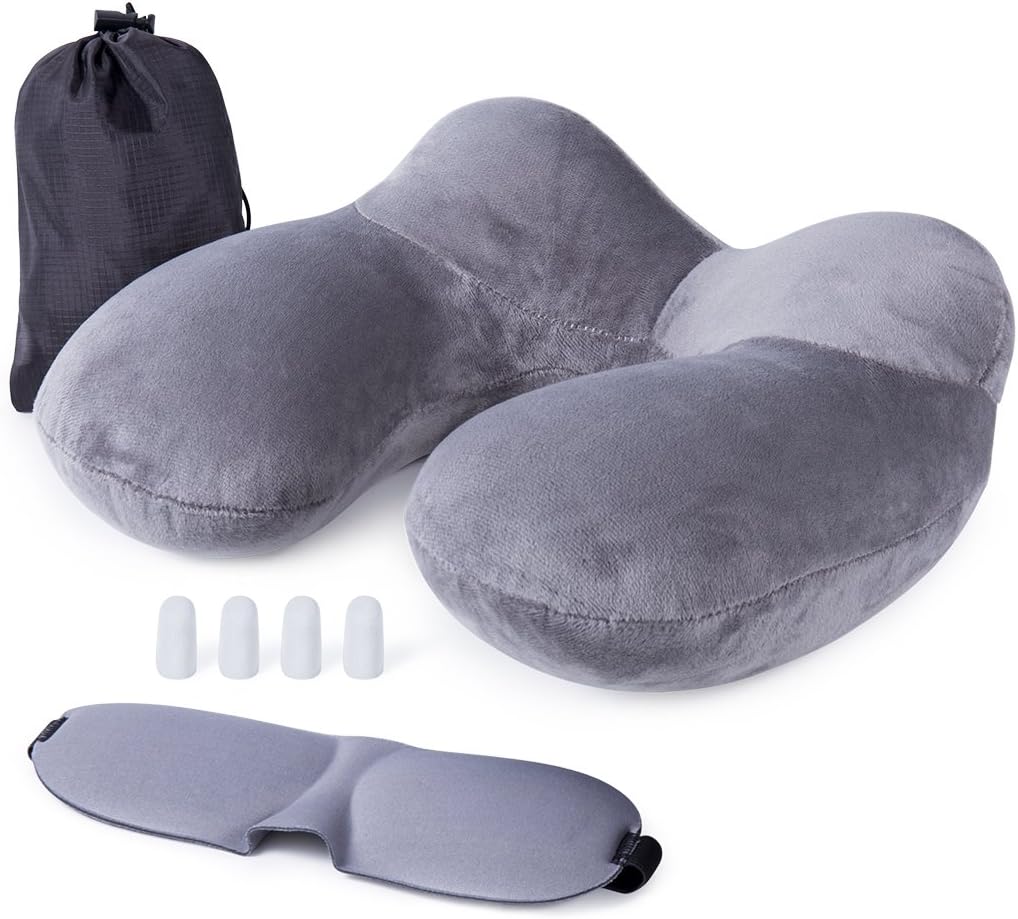 MINICE Inflatable Portable Travel Neck Pillow- Lightweight foldable travel set contains Cotton sleepy Eyes Cover Mask and 4 Earplugs, Sleep Helper on Airplane, Car,Train Office(Blue).