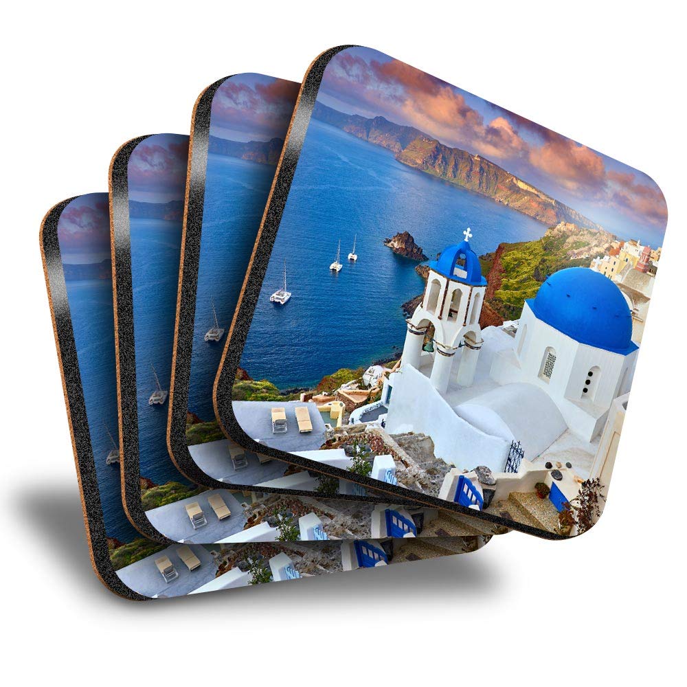 Destination Vinyl Ltd Multicolor Great Coasters (Set Of 4) Square - Santorini Greece Greek Travel Beach Drink Glossy Coasters/Tabletop Protection For Any Table Type #24142