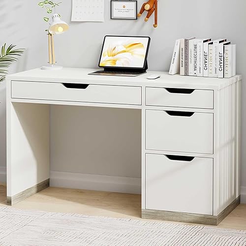 Miniatura 3 de Escritorio blanco con cajones, escritorio pequeño de computadora de 48 pulgadas con 4 cajones de almacenamiento para espacios pequeños, escritorio