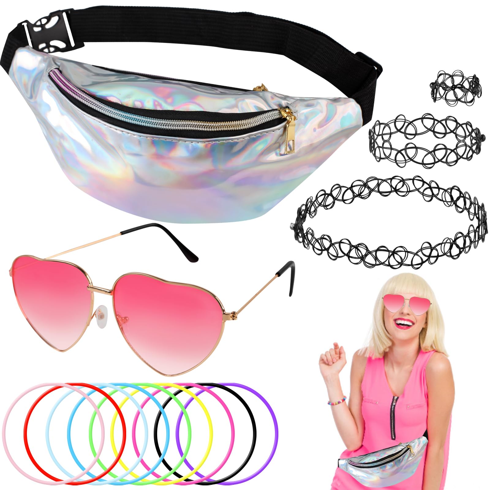 Tikplus 90s Outfit Damen, 90er Jahre Accessoires, 90er Jahre Retro Outfit mit Herz Sonnenbrille Rosa, Silber Bauchtasche, Halskette, Women Festival Hippie Accessoires für Neon Mottoparty