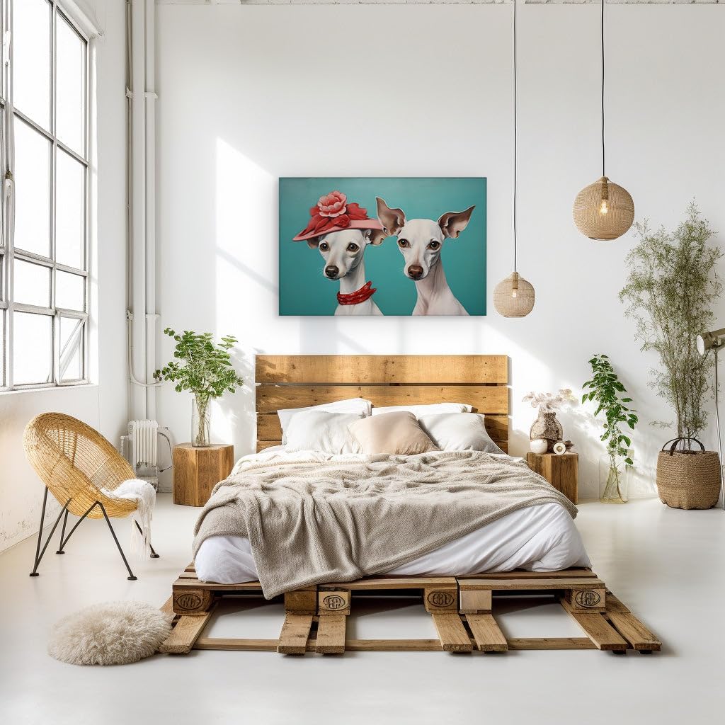 Canvas for Living room. Twin Italian Greyhounds in Sky Blue Serenity � A Chic Portrait with a Dash of Red and Pink Elegance, 27 x 18 inch Canvas Wall Art - Ready to Hang - 91x61 cm (36x24 inch)
