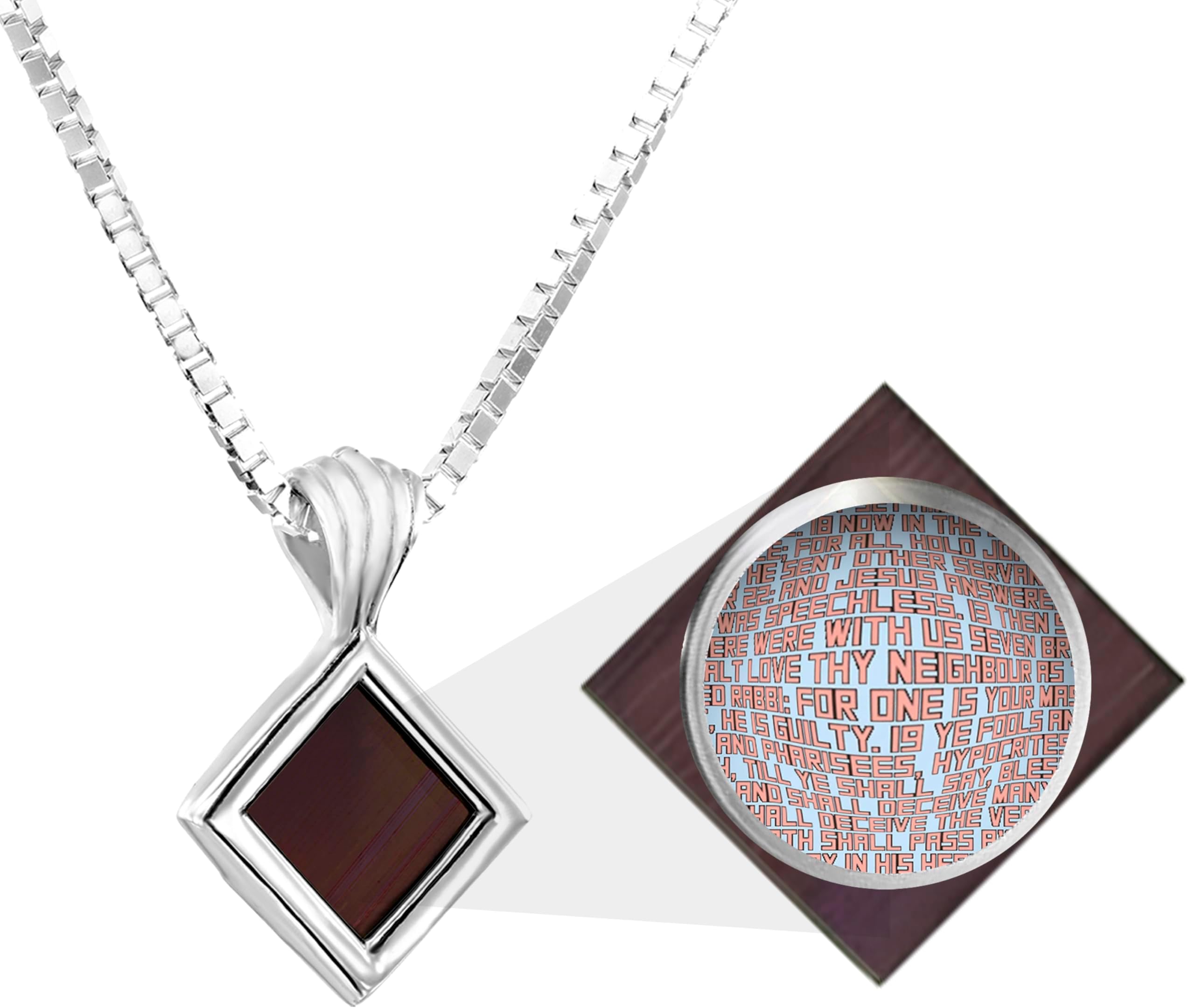 Tiny Christian Pendant with Smallest Nano Bible - on Square Rhombus Necklace for Women with Entire KJV New Testament Holy Scriptures on 0.2" Microchip, Religious Jewelry for Her, 18" Box Chain