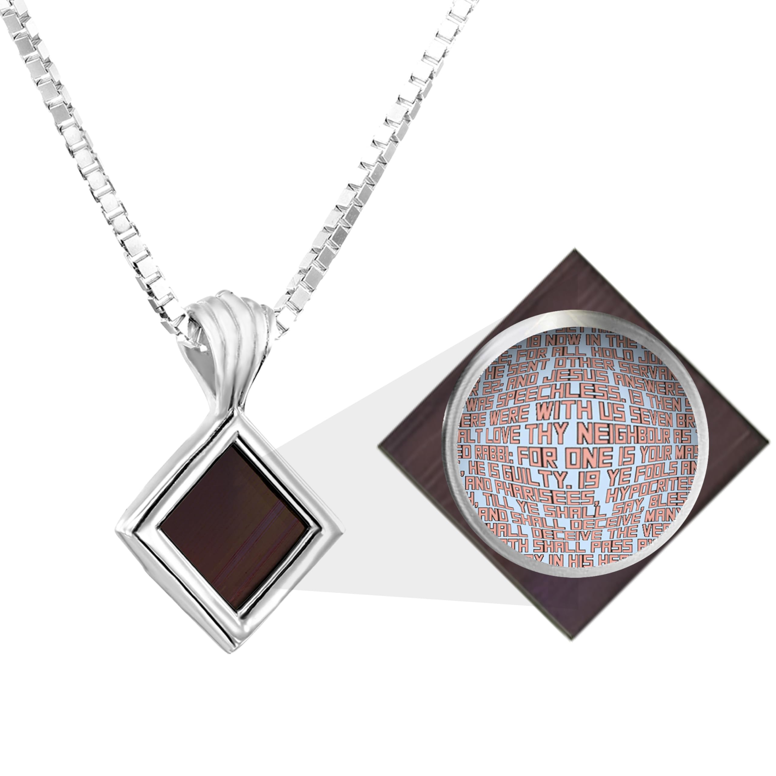 Tiny Christian Pendant with Smallest Nano Bible - on Square Rhombus Necklace for Women with Entire KJV New Testament Holy Scriptures on 0.2" Microchip, Religious Jewelry for Her, 18" Box Chain
