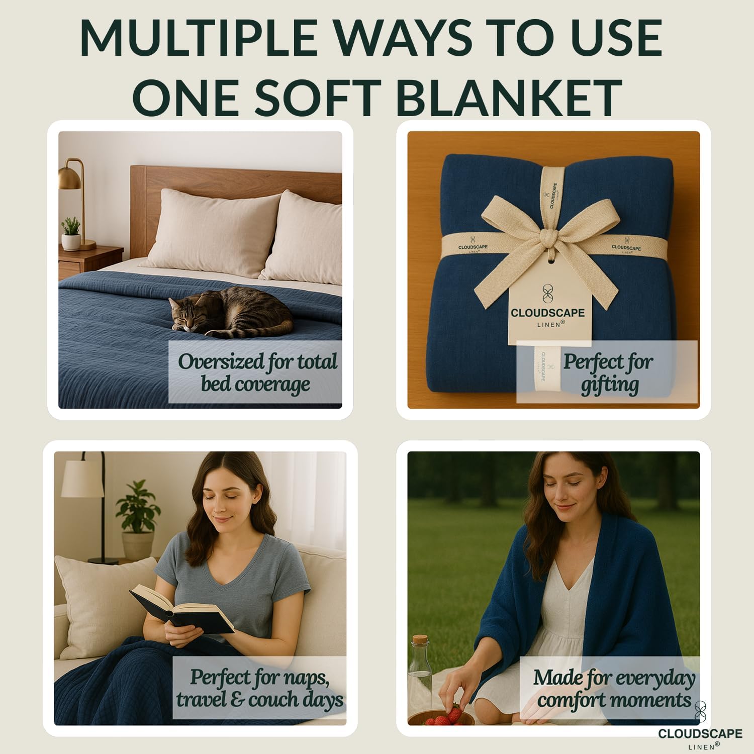 Cloud Scape Linen 8-Layer Muslin Blanket King Size for Adult - 100% Cotton, Breathable and Soft, Perfect Winter Cozy Blanket, Fits up to California King Bed, 92x108, Ensign Blue - Image 5