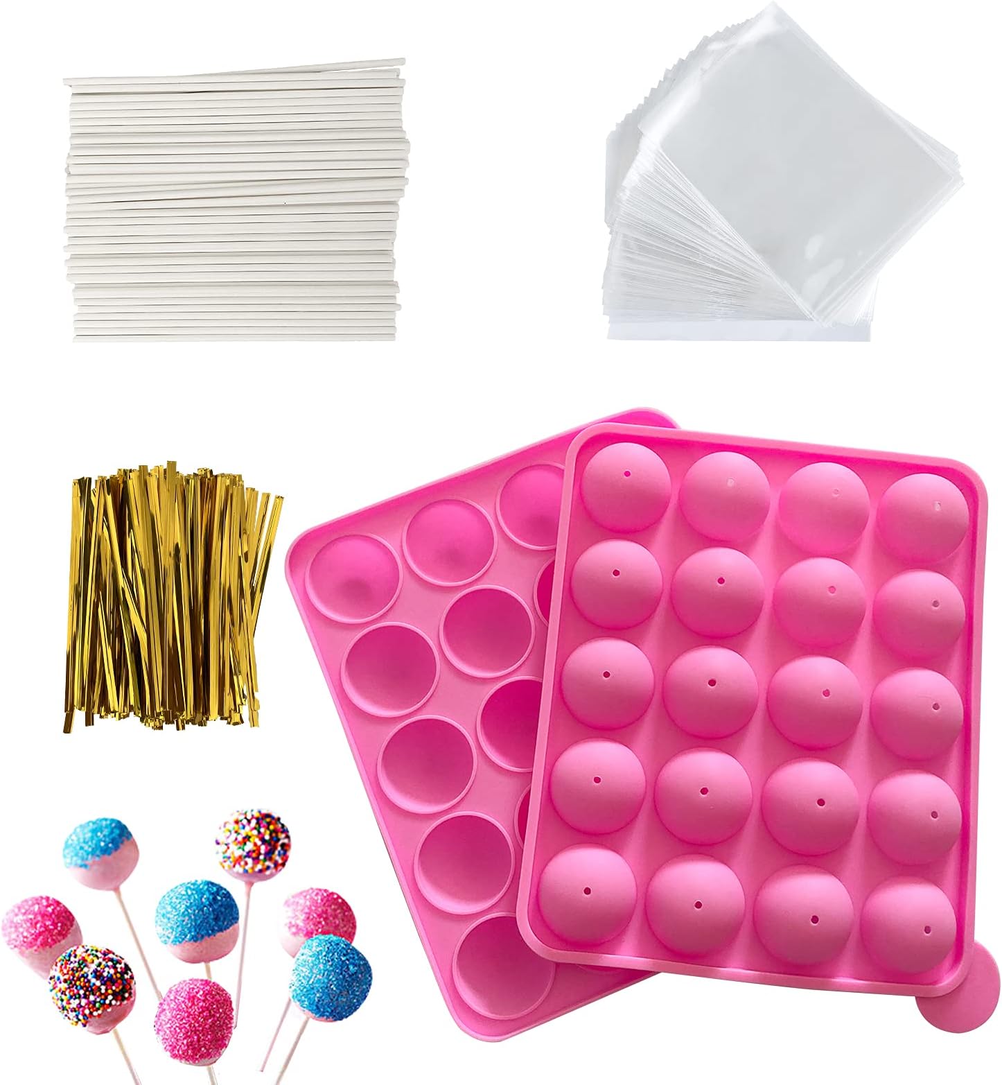 20 Cavity Silicone Cake Pop Mold Kits - Cake Pop Tray with 60pcs Cake Pop Sticks, Bags, Twist Ties, Great for Cake Pop Maker, Lollipop Mold, Cake Pop and Chocolate