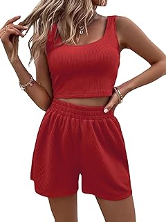 Rayson Conjunto de 2 Piezas Verano Mujer Casual Top Sin Mangas Colores Sólidos Acanalados y Cortos Cintura Alta Chandal Completo