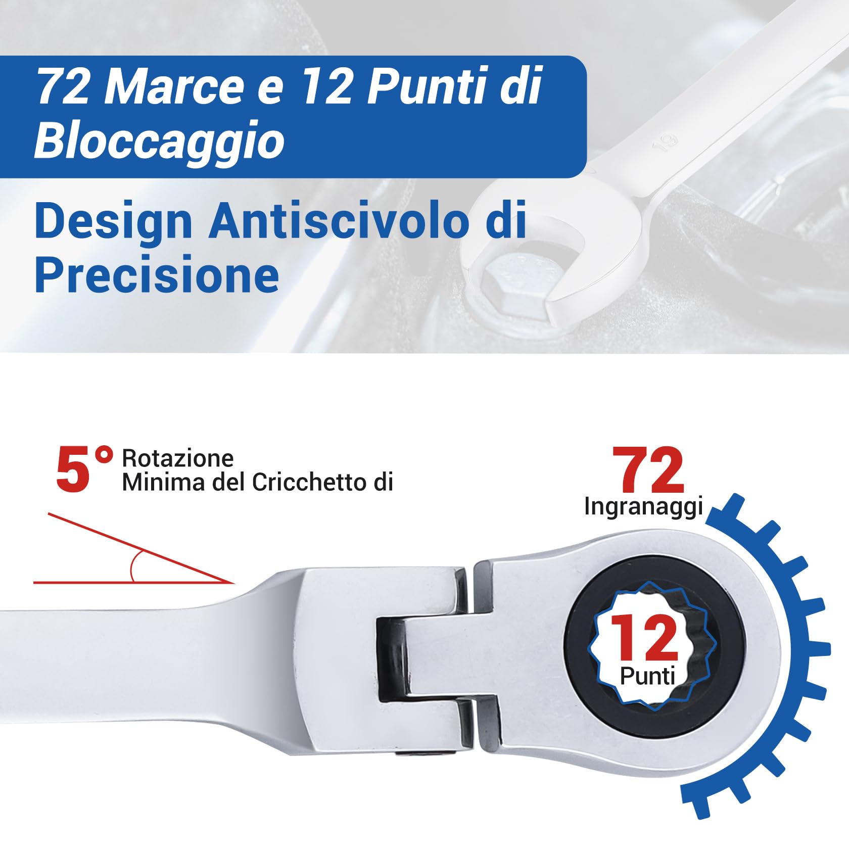 Chiave a Cricchetto 10 mm, Chiavi Cricchetto Flessibile a 180° e Chiavi Inglesi a Cricchetto Aperta a 15°, Cromo Vanadio Chiave, Rresistente all'abrasione, Aantiscivolo