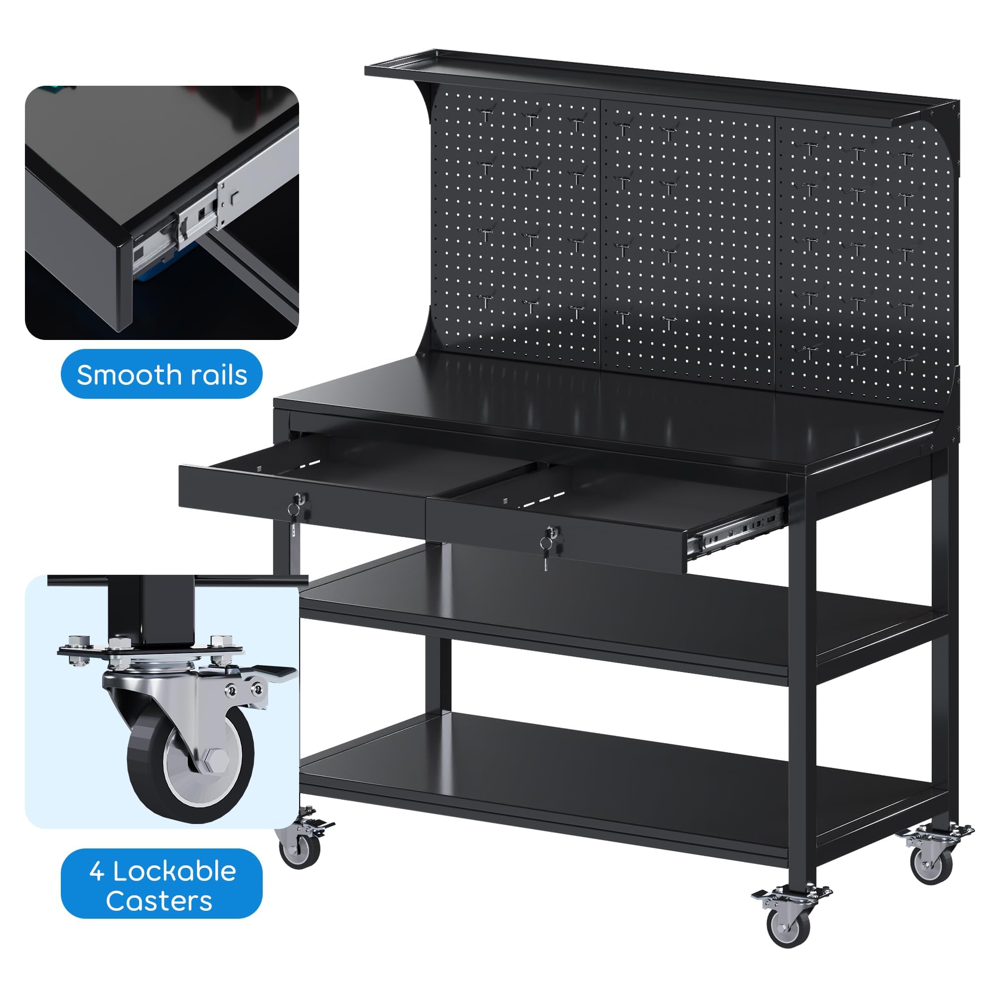 SUPEER Werkbank Metall Bewegbarer mit Hochfeste Räder und Pegboard,1500 x 1000 x 530 mm - 500 kg Tragkraft - 2 verriegelbare Werkzeugschubladen,Heavy Duty Stahl Arbeitsbank/Werktisch