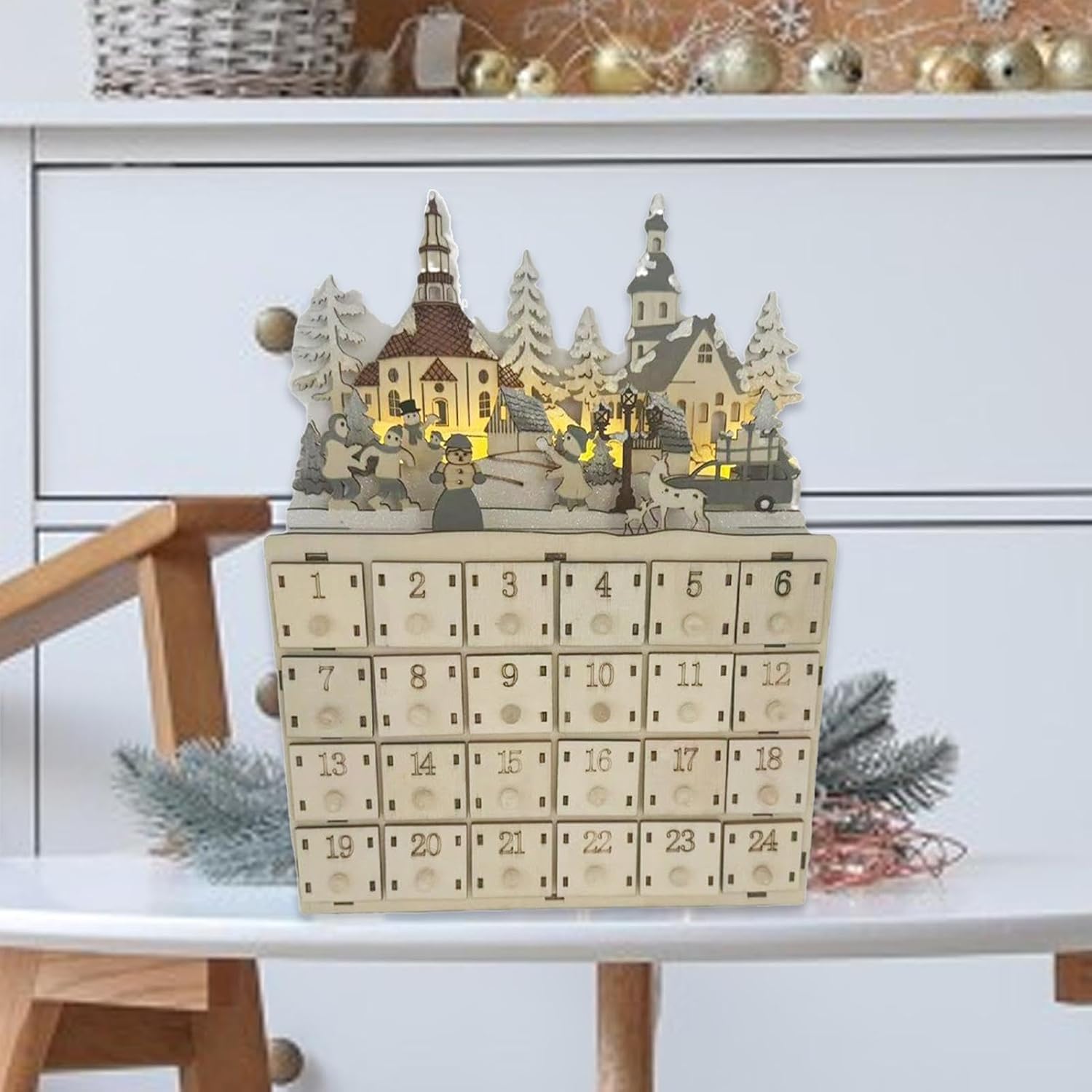 Adventskalender aus Holz, mit 24 Schubladen und LED-Lichtern, Countdown Kalender, Dekorative und Funktionale Geschenkaufbewahrung für Kinder (30x22x8cm)