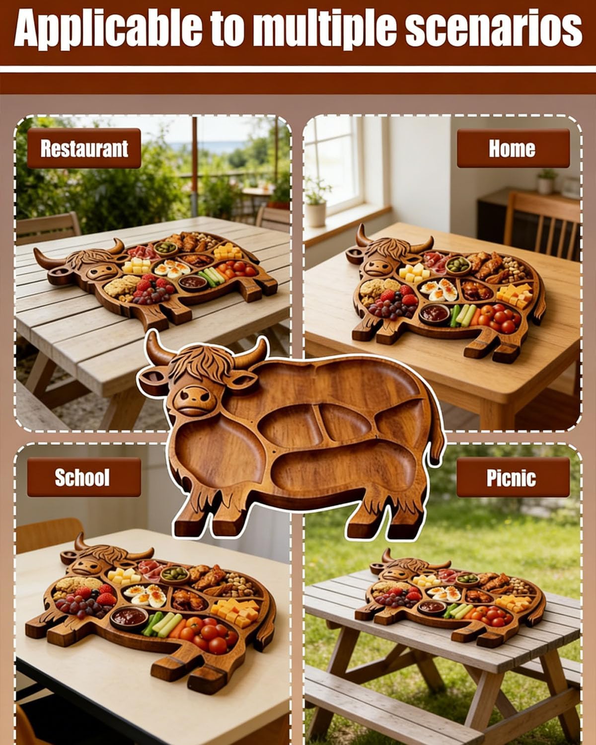 Highland Cow Charcuterie Board Wooden Boards for Serving Food Highland Tray Cheese Natural Solid Wood with Compartments Rustic Farmhouse Shaped Made from Divided Style Meat Fruit Snack Cracker (1PC)