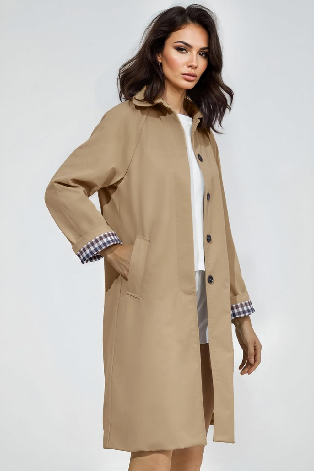 Fnortc Windproof Women's Long Single Breasted Trench Coat Oversized Style with Checkered Lining All-Season Fashion Outerwear - Image 2