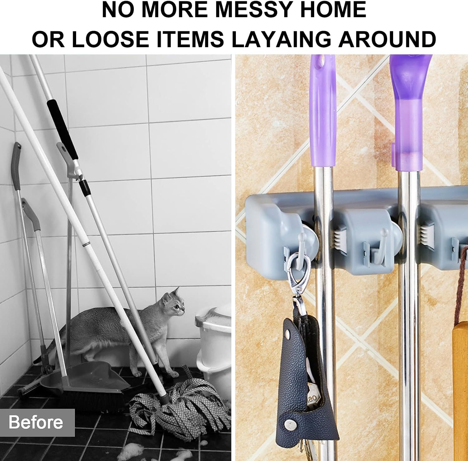 Mop and Broom Holder Wall Mount, Utility Organizer for Brooms, Mops and Cleaning Tools, Space-Saving Storage Rack for Kitchen, Bathroom & Laundry Room, 3 Racks & 4 Hooks, Gray