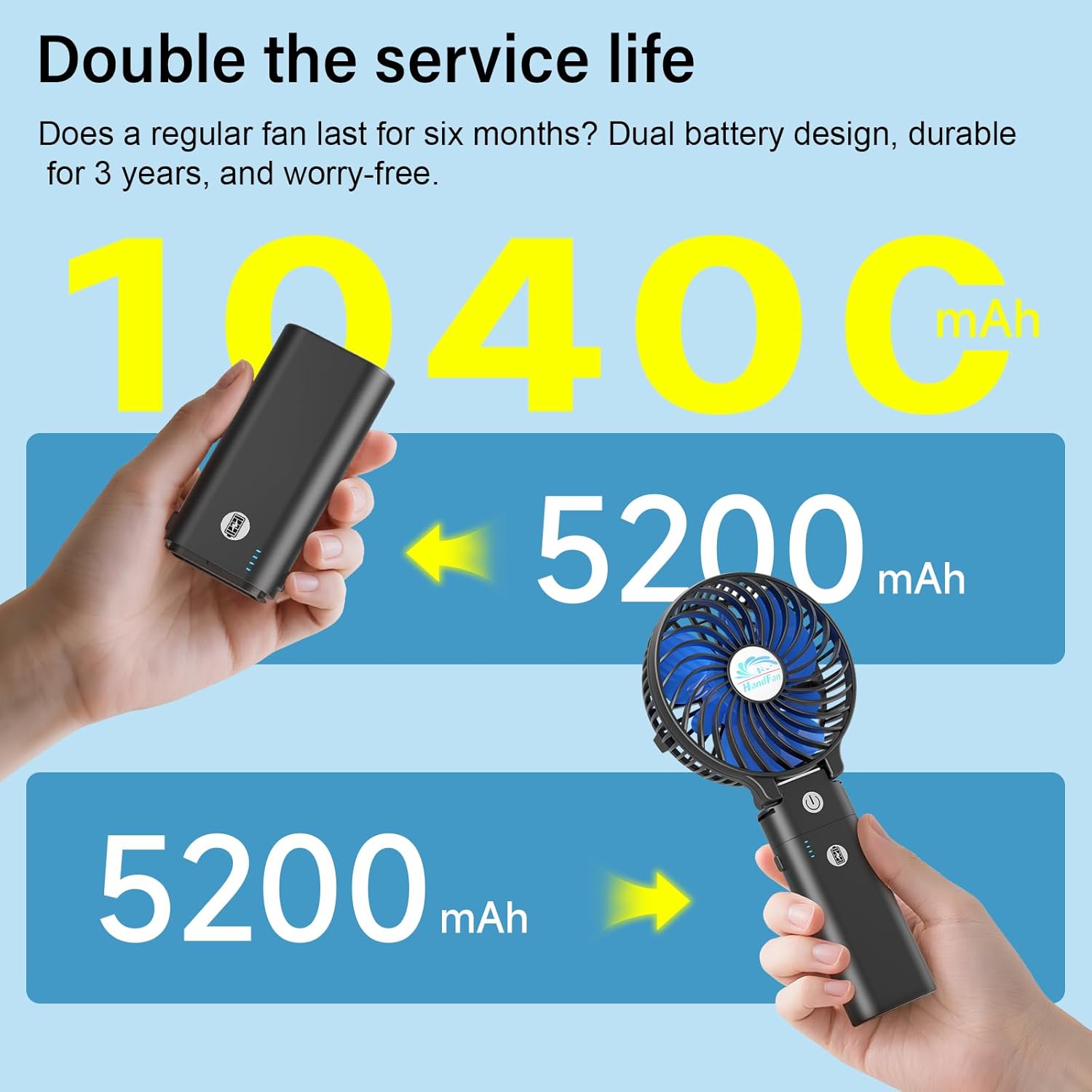 HandFan 10400mAh Powerful Handheld Fan, 40Hrs Long-Lasted Hand Fan Rechargeable, Mini Personal Fans Foldable, Heavy Duty Battery Fans Portable for Travel Beach Concerts Cruise Makeup(Blue Blade) - Image 3