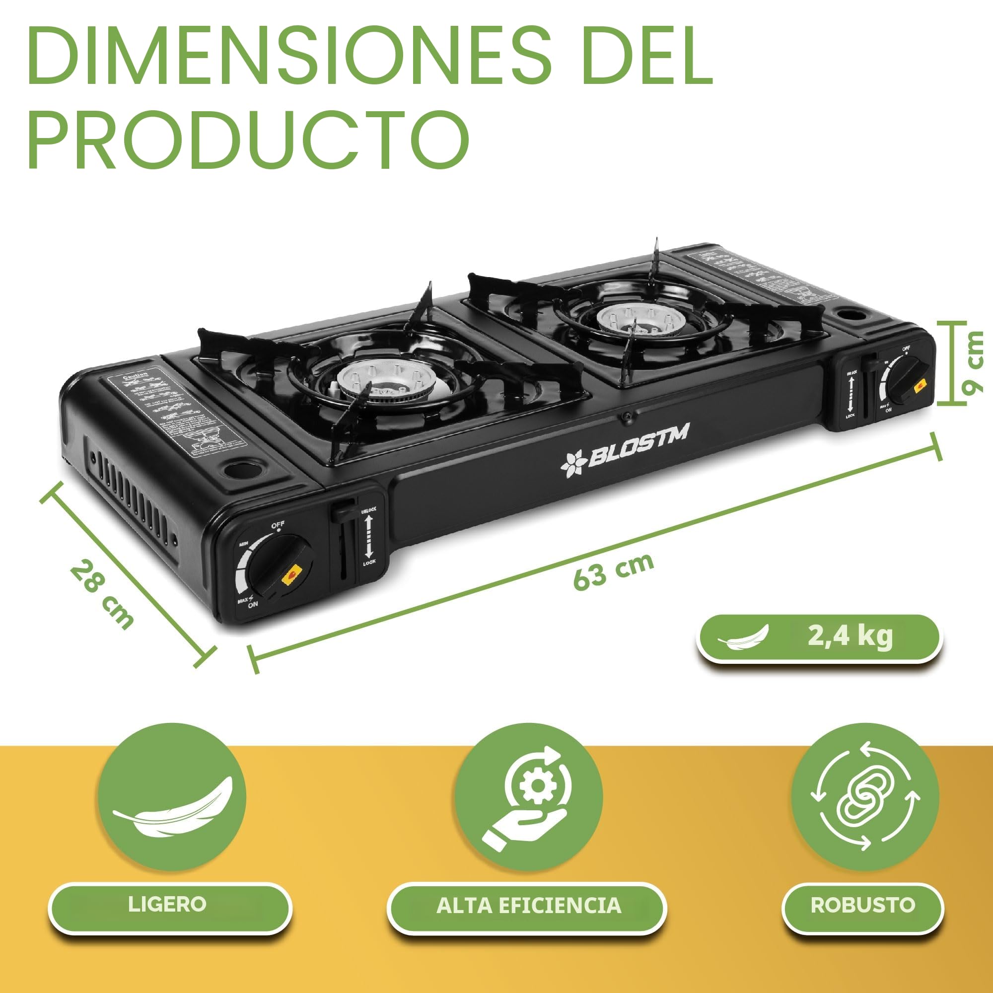 BLOSTM Estufa de gas portátil para camping, estufa de camping de doble quemador con sistema de encendido automático y control de calor