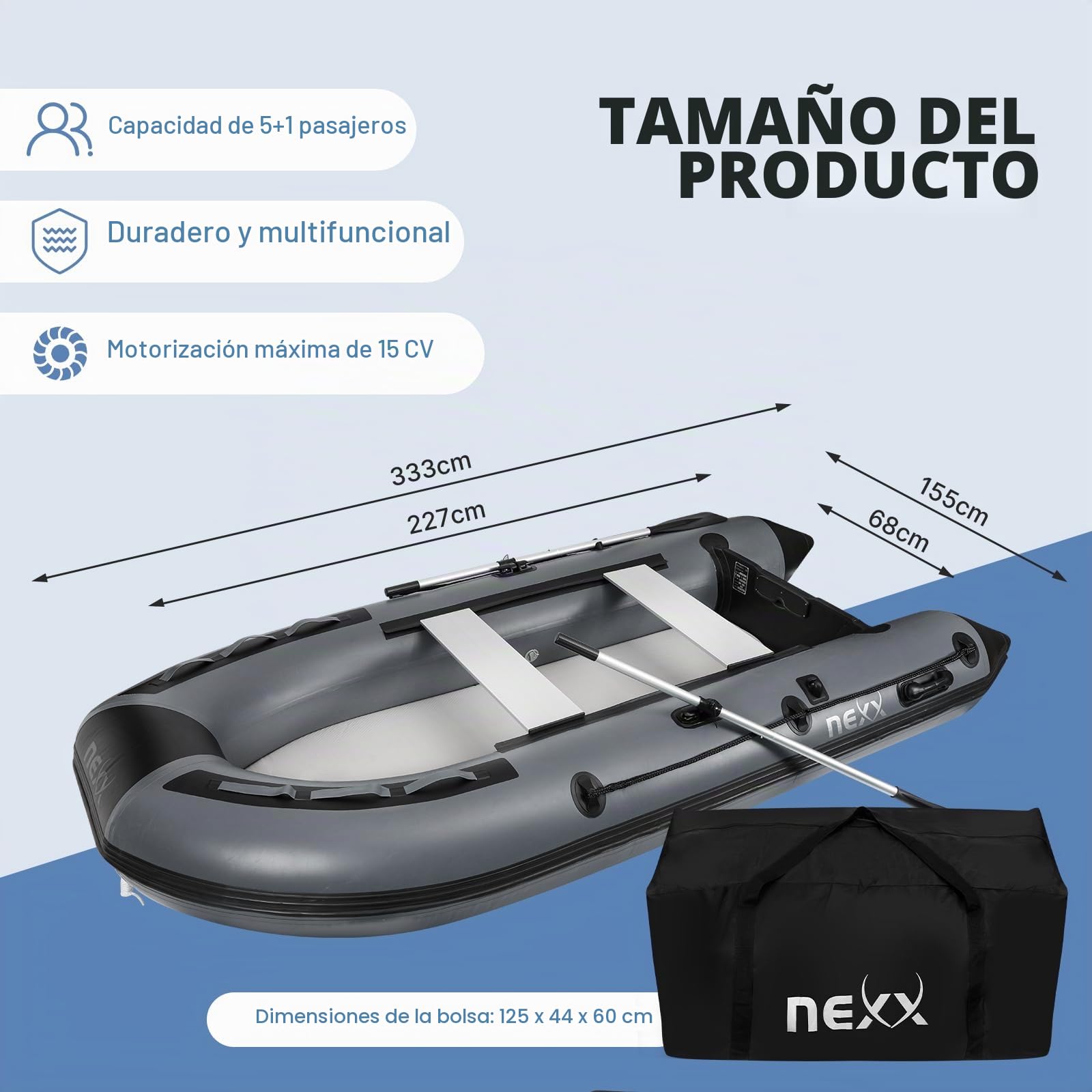 Bote deportivo profesional, bote hinchable, bote de pesca NEXX de 330 cm con fondo de aire - bote de pesca con bolsa de transporte, gris claro - incluye 2 remos y kit de reparación