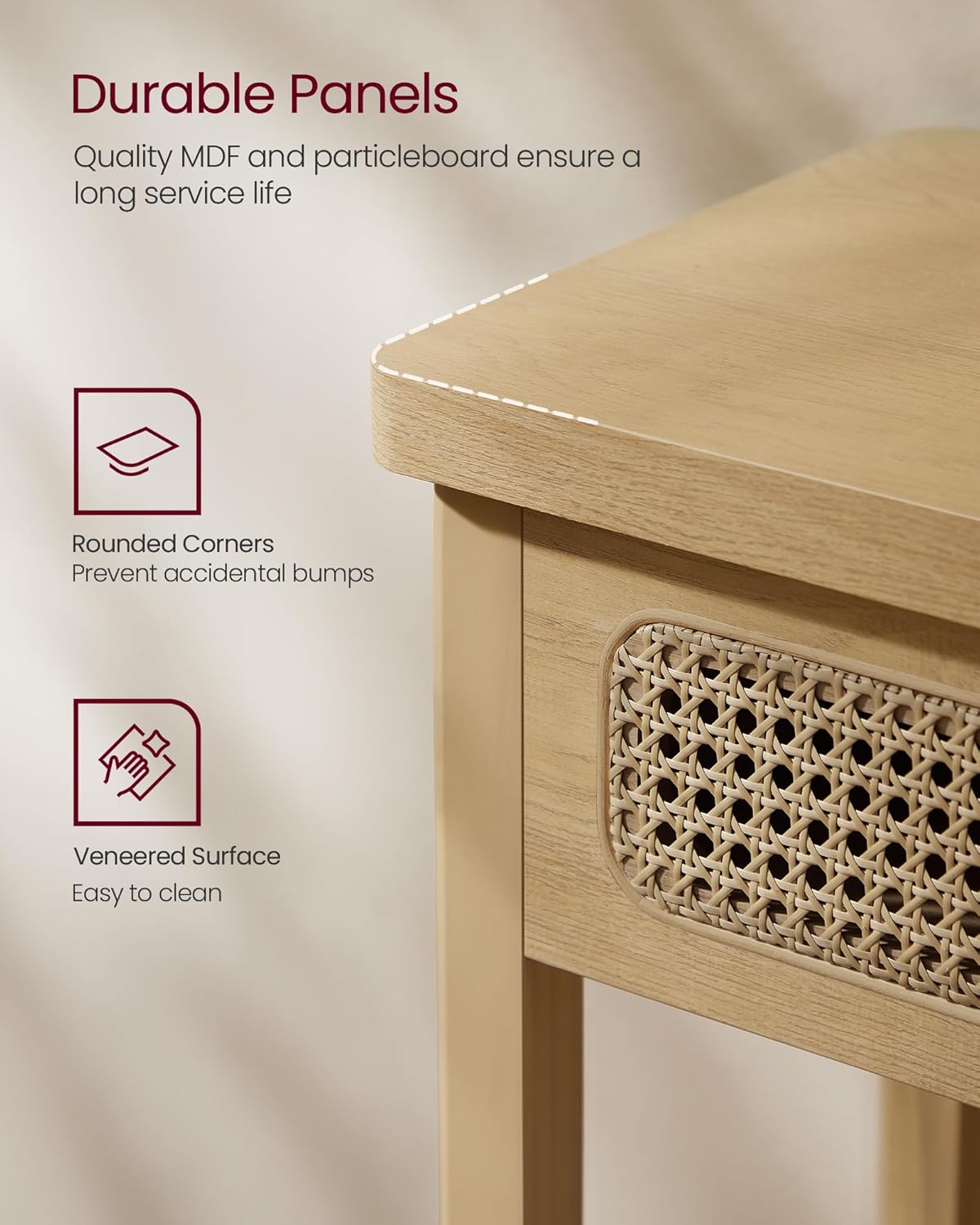 Close-up of the console table's rounded corners and smooth veneered surface