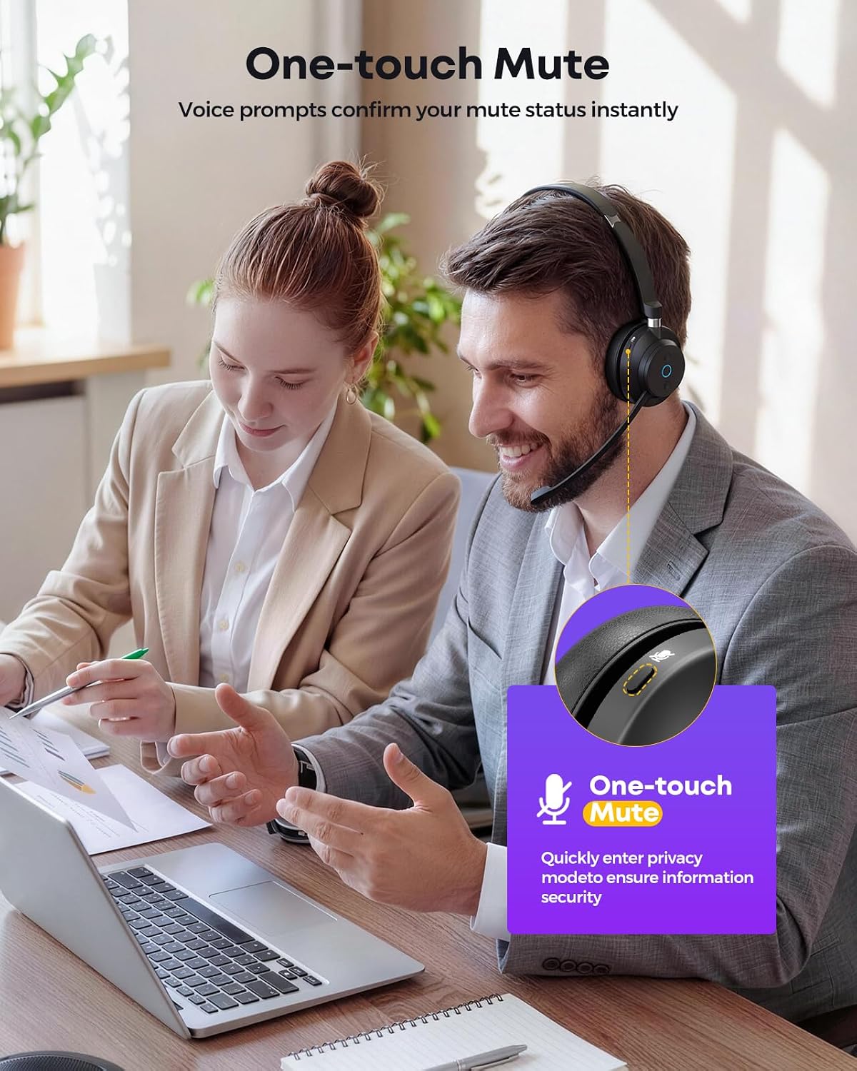 Wireless Headset with Mic for Work, Clear Sound ＆ Comfortable ＆ Stable Connection, Bluetooth Headset for Computer, Wireless Headset with Charging Base & USB Dongle for Office
