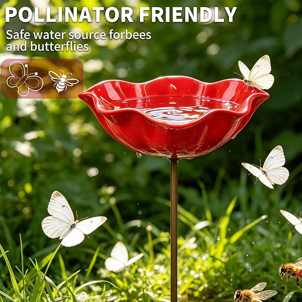 Handmade Metal Flower Garden Stake, Flower-Shaped Bee Watering Station Bird Bath for Garden, Dual Function Bird Bath and Pollinator Water Station for Gardens, Lawn, Patio Decor (3PCS) - 5