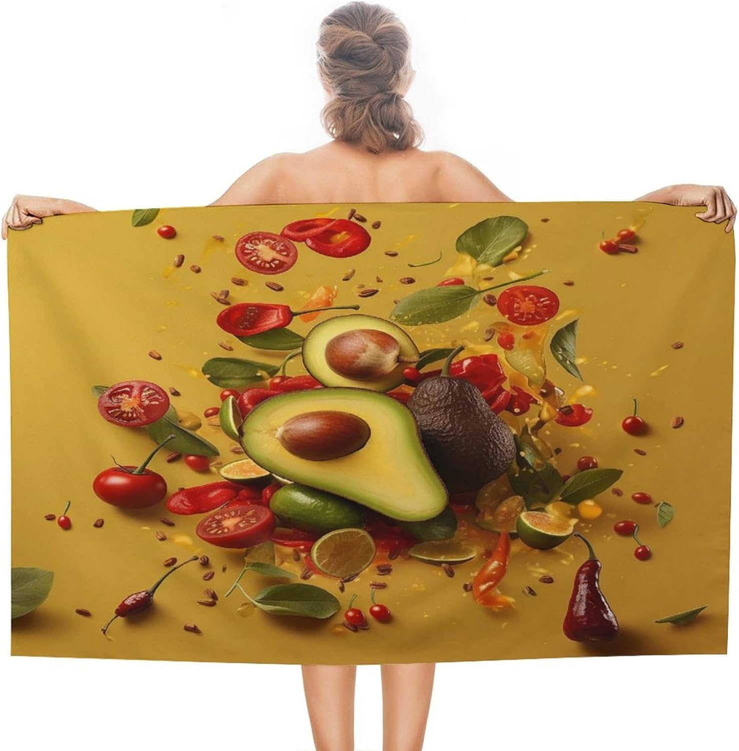 Swimming Towel, Fruit on Yellow Background Printed Fashion Towel,Portable Towel,Durable Towel