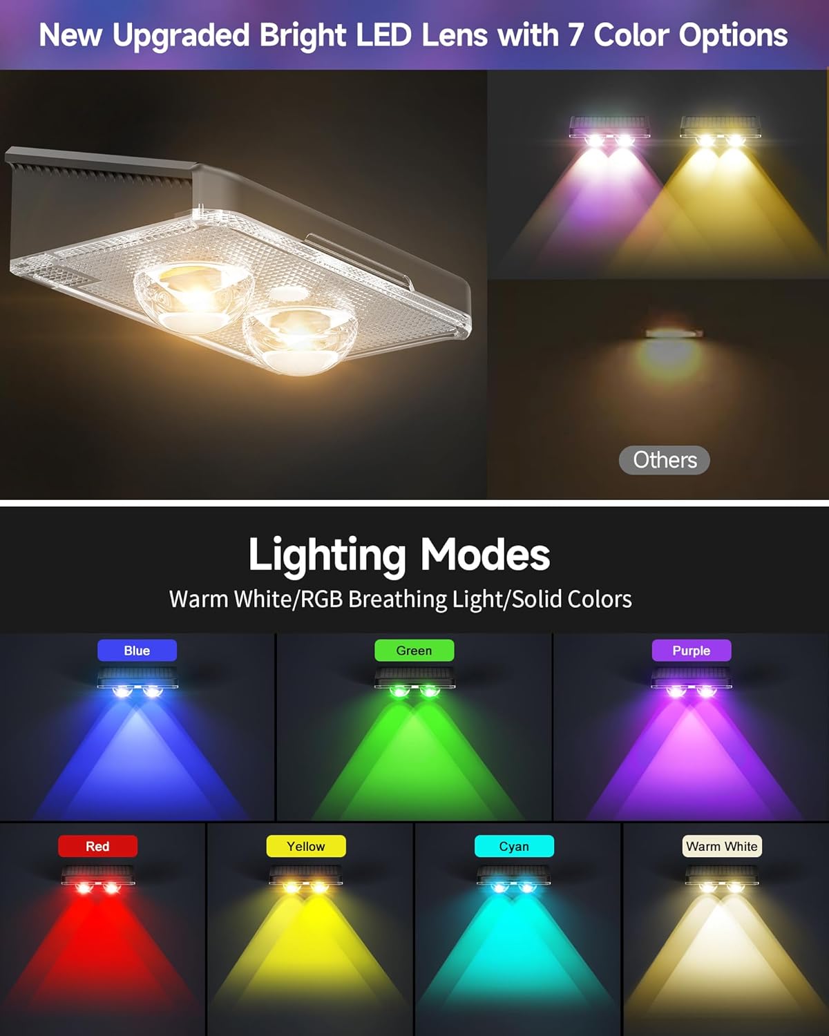 Solar Fence Lights 16 Pack, Outdoor IP65 Waterproof LED, RGB Fence Lights Solar Powered 7 Colors, for Wall, Patio, Deck, Backyard, Garden, Pool, Railing