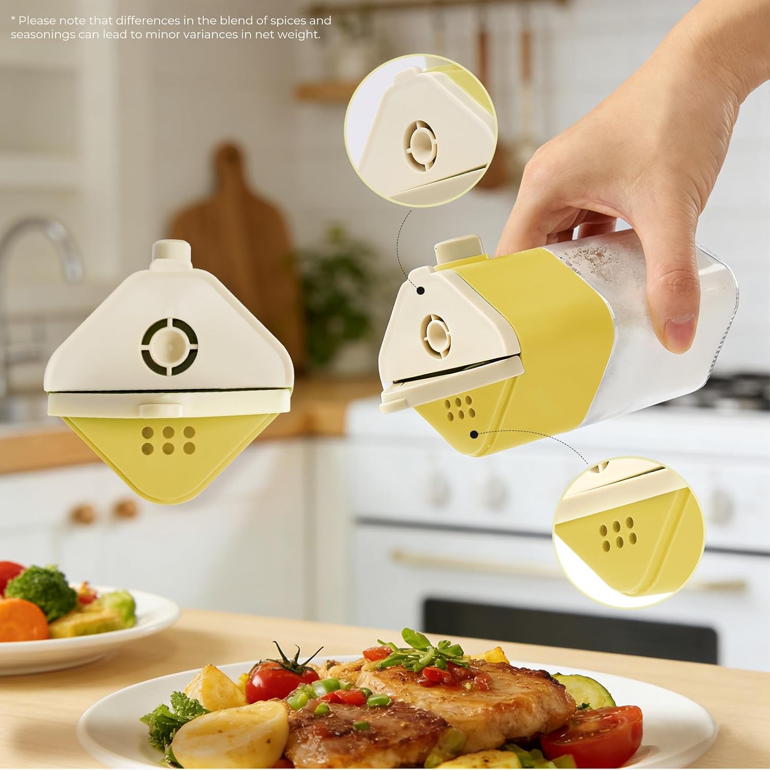 2 in 1 Multifunctional Seasoning Shaker, Salt Pepper Shaker, Glass Bottle with Lid, BPA Free, Dishwasher Safe, Yellow