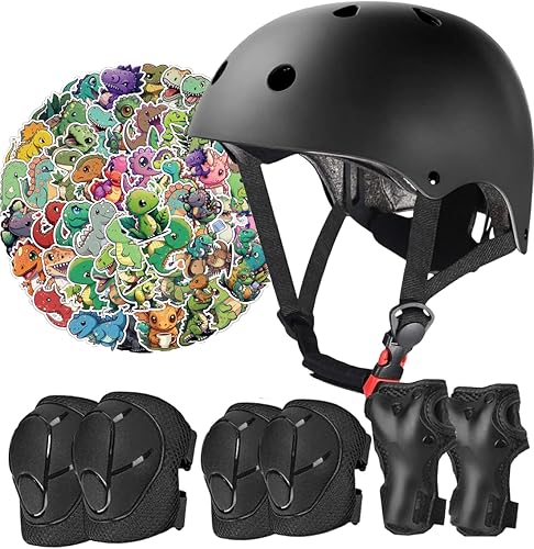 Miniatura 16 de Juego de casco de bicicleta para niños, certificado CPSC con rodilleras, coderas, muñequeras, casco negro ajustable para niñas de 2-3-5-8 años,